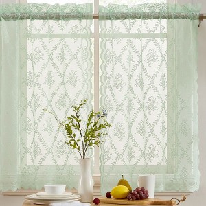 HLC.ME Isabella Floral Rod Pocket Lace Semi Sheer Voile Short Cafe Tiers for Small Windows - 1 of 4