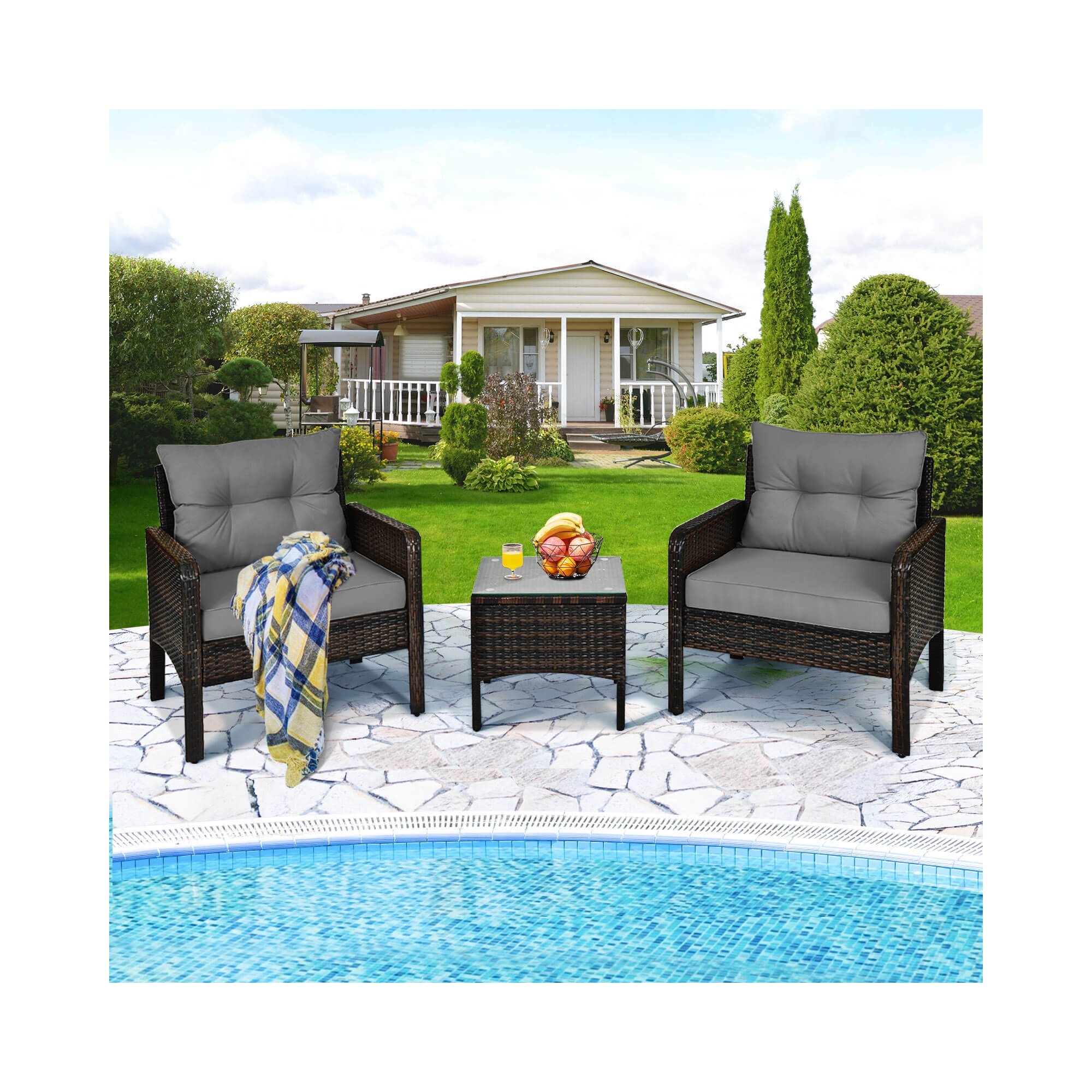 Costway 3 PCS Patio PE Wicker Furniture Set with Cushions and Tempered Glass Coffee Table Gray