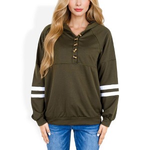 Anna-Kaci Women's Button-Front Hoodie with Stripe Sleeve Detail and Relaxed Fit for Casual Looks - 1 of 4