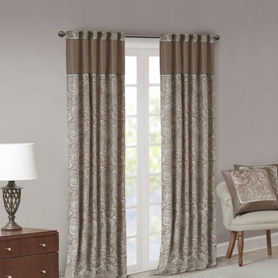 Extended Blue Faux Silk Jacquard Drapes with Trim