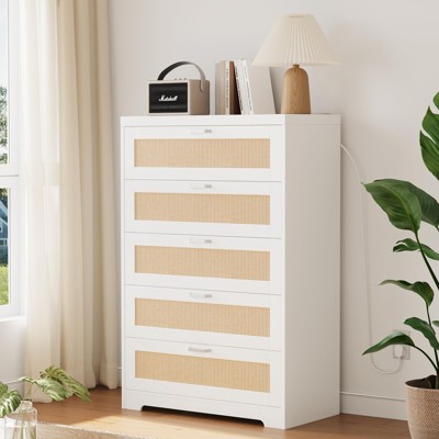 5 Drawer Dresser Rattan Dresser, Tall Chest of Drawers, Wood Dresser for Bedroom, Closet, Living Room, Hallway
