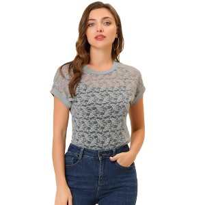 Allegra K Women's Curved Hem Sheer Short Sleeves Floral Lace Blouse - 1 of 4