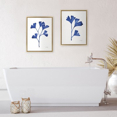Navy Ginkgo Botanical Canvas Art Set with Gold Frame