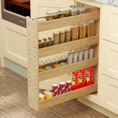 Adjustable Pull Out Cabinet Organizer 7½” W x 24½”H 4-Tier Narrow Cabinet Drawers Slide Out with Soft Close Wood Spice Rack for Narrow Cabinet