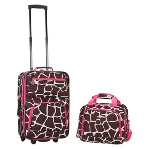 Rockland Rio 2pc Carry On Luggage Set - Pink Giraffe, Brown/Pink