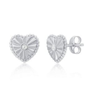 Bella Silver Sterling Silver Heart Beaded Outline w/ CZ Stud Earrings - 1 of 2