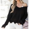 Coolmee Women's Loose Knitted Off The Shoulder Sweater Solid V Neck Long Sleeve Pullover Ripped Crop Top - 2 of 3
