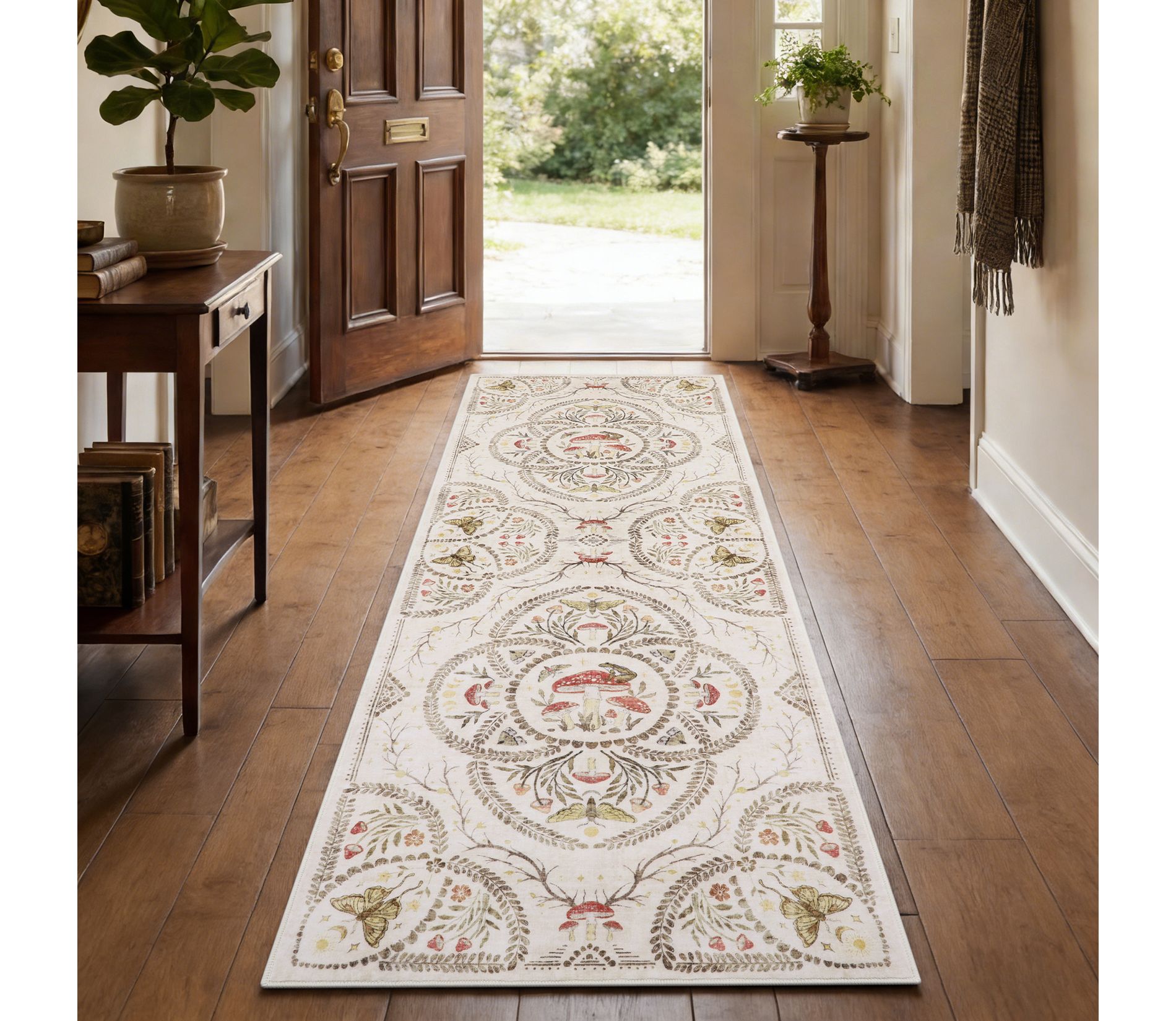 Whimsical Botanical Forest Washable Non-Slip Area Rug, Mushroom Moth Frog Carpet for Living Room Bedroom Playroom