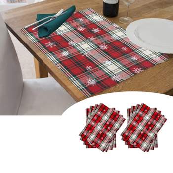 KOVOT Set of 8 Placemats Winter White Snowflakes on Green and Red Plaid 100% Cotton Table Decore for Christmas, Winter & Holiday's (17" x 13")