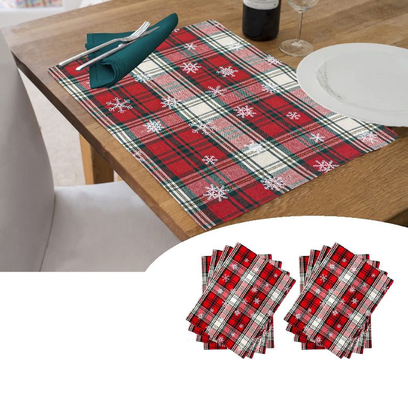 KOVOT Set of 8 Placemats Winter White Snowflakes on Green and Red Plaid 100% Cotton Table Decore for Christmas, Winter & Holiday's (17" x 13"), 1 of 7