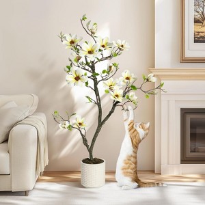 4FT Faux Magnolia Plant Artificial Flower Trees Fake Plants for Yard Patio Home Office Arrangement Decor Tree Vivid Leaves Mosses Lighting White Pot - 1 of 4