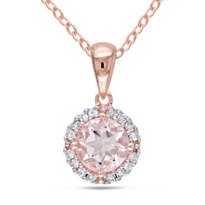 EVERLY JEWELRY | Rose Plated Sterling Silver Morganite and 1/10ct TDW Diamond Halo Necklace in Rose Silver - 1 of 4
