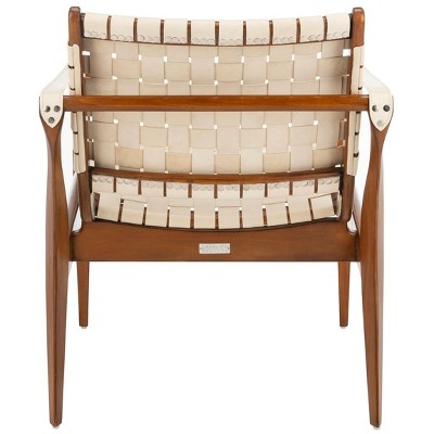 Cream and Mahogany Woven Leather Safari Accent Chair