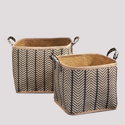 JANSNO Set of 2 Handwoven Square Palm Leaf Baskets with Handles, 14"x15" & 16"x17" – Decorative Storage for Laundry, Books, Picnic & Home Organization