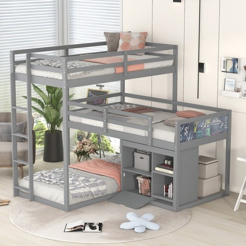 Twin Size L-shaped Wood Triple Bunk Bed With Storage Cabinet, Ladder ...