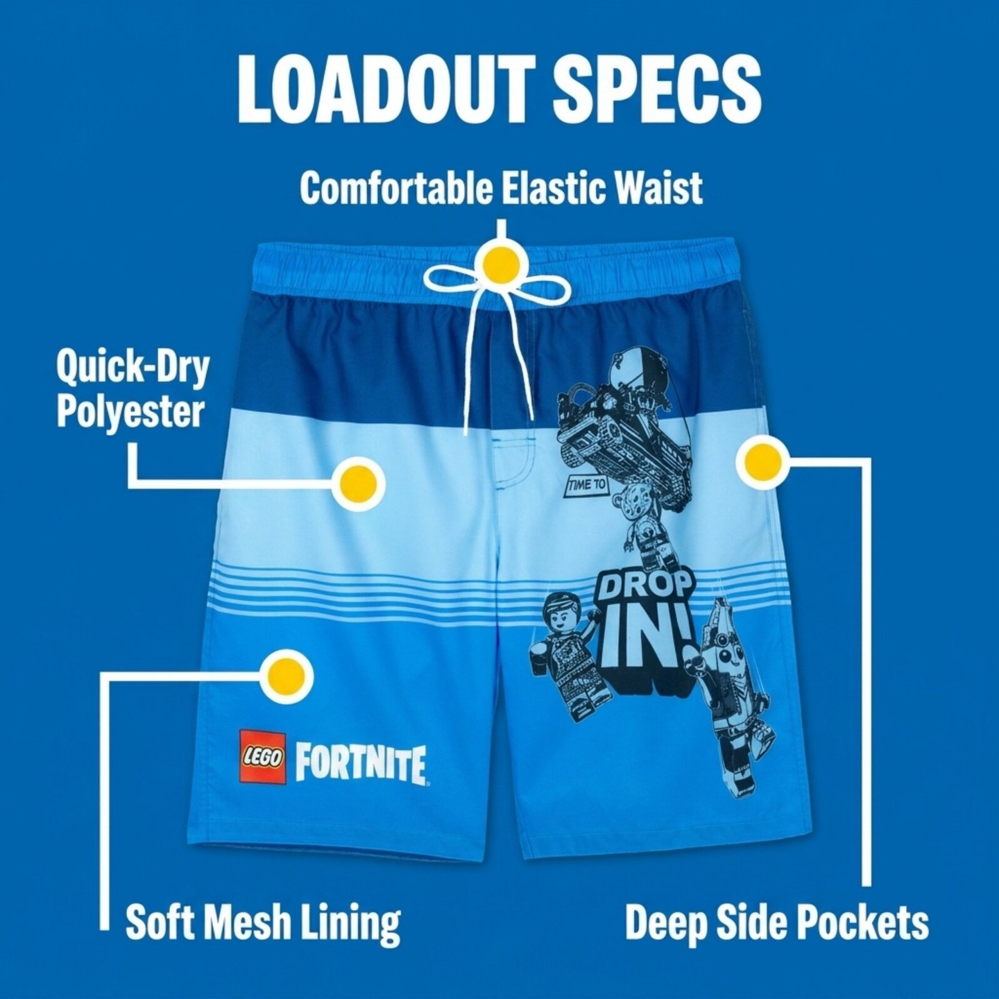 LEGO Fortnite Men's Printed Drawstring Elastic Waist Bathing Suit Peely Blue Small, цвет: Синий — фото 5