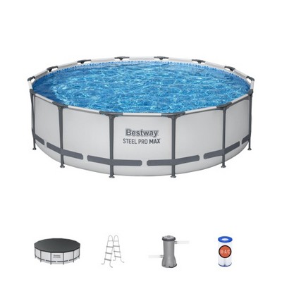 Bestway Steel Pro MAX 14' x 42" Round Above Ground Swimming Pool Set Outdoor Metal Frame Family Pool with Filter Pump, Ladder, and Cover, Gray