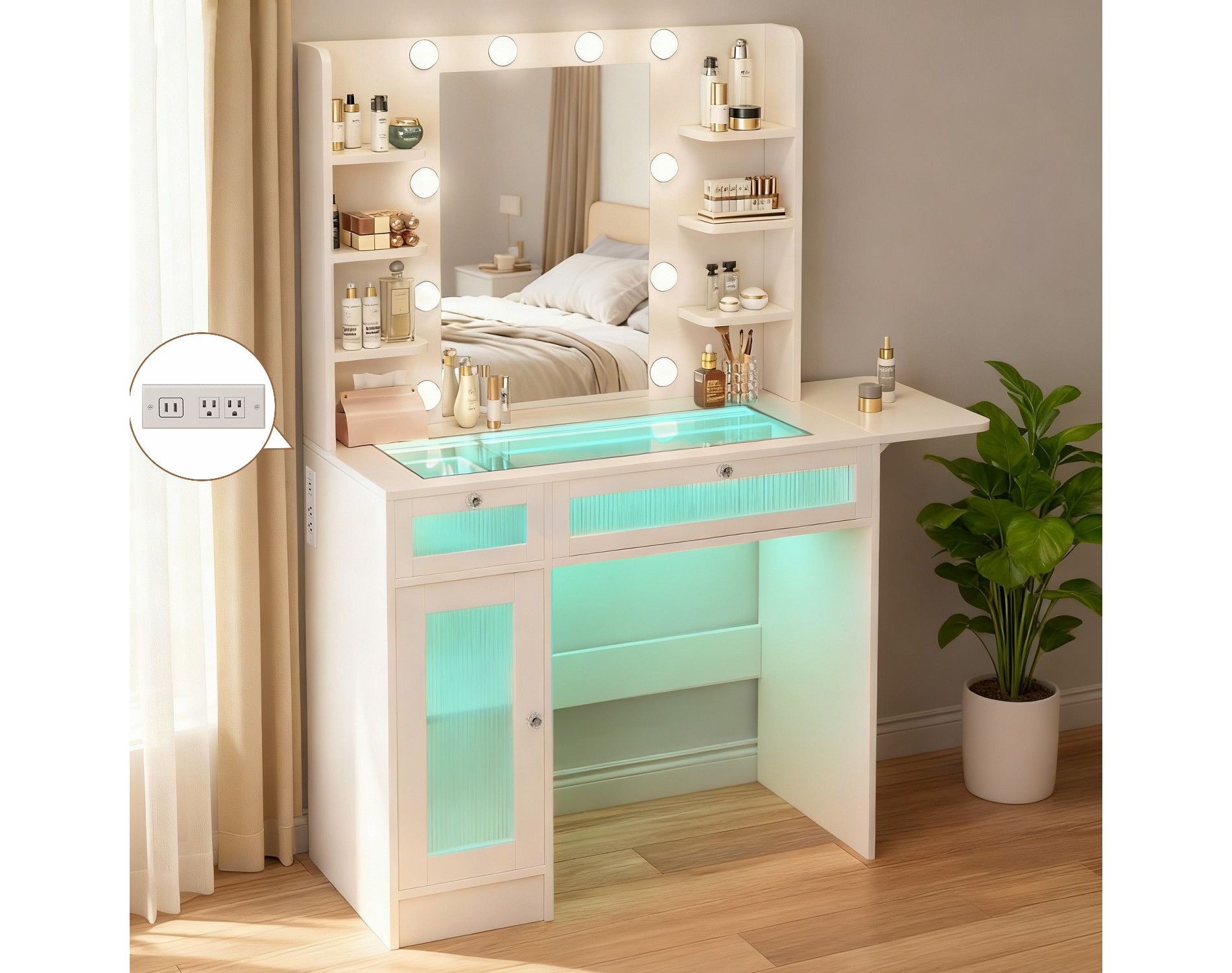 Vipbear Vanity Desk with Mirror, LED Lights and Power Outlet Makeup Vanity Table with 2 Drawers and 6 Storage Shelves Dressing Table for Bedroom