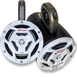 Kicker Marine KMTES Black Tower Enclosures Loaded With (2) 6.5" White JVC Marine Coaxial Speakers. - 1 of 4