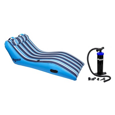 Aqua Key West Ultra Cushioned Comfort Lounge Swimming Pool Float with Pillow & Dual Action Hand Pump with 4 Nozzle Adapters Attachments
