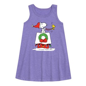- Peanuts - Snoopy & Woodstock House Sleigh Graphic Sleeveless Aline Dress - 1 of 4
