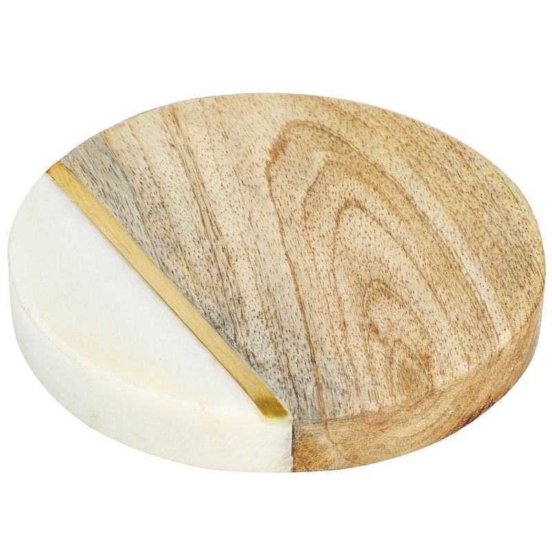 Laurie Gates White Marble and Mango Wood Round 4 Piece Coaster Set, 4 of 8