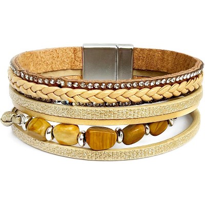Leopard Print Leather Wrap Bracelet with Natural Stone, Multi-Layered Braided Boho Design for Women
