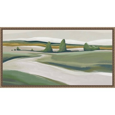 Peaceful Green Landscape Lithograph on Canvas with Brown Frame