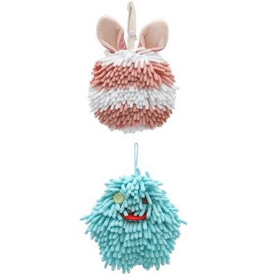 REGALWOVEN 2 Packs Fluffy Chenille Rabbit Shape Cute Soft Absorbent Hanging Ball Hand Towels 7" x 7"