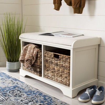 Freddy 34" White Pine Wicker Storage Bench with Linen Seat