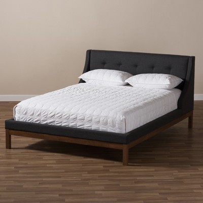 Queen Dark Grey Tufted Upholstered Walnut Wood Platform Bed