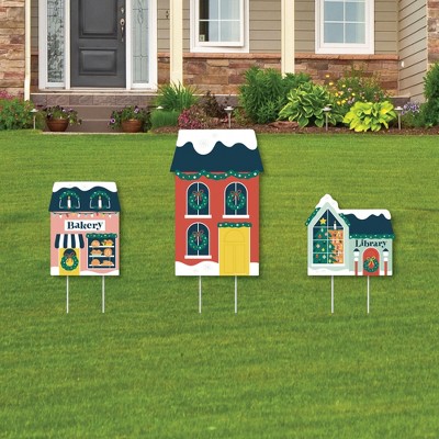 Big Dot of Happiness Christmas Village - Outdoor Lawn Sign Decorations with Stakes - Holiday Winter Houses Yard Display - 3 Pieces