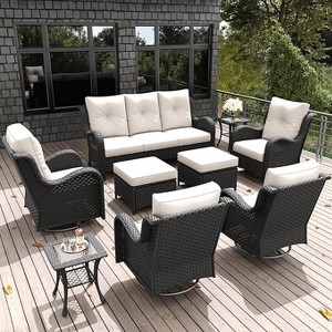 LayinSun Outdoor Patio Furniture Set, Black Rattan Wicker Sectional Swivel Rocker Chairs Sets with Ottomans, Swivel Glider Chair - 1 of 4