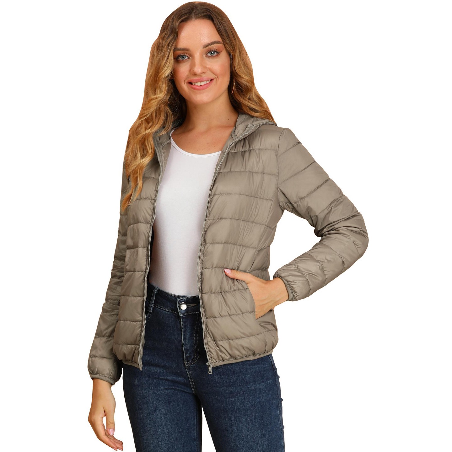 Женская куртка Allegra K Hooded Packable Thickened Short Down Puffer Jacket Khaki, цвет: Хаки — фото 2