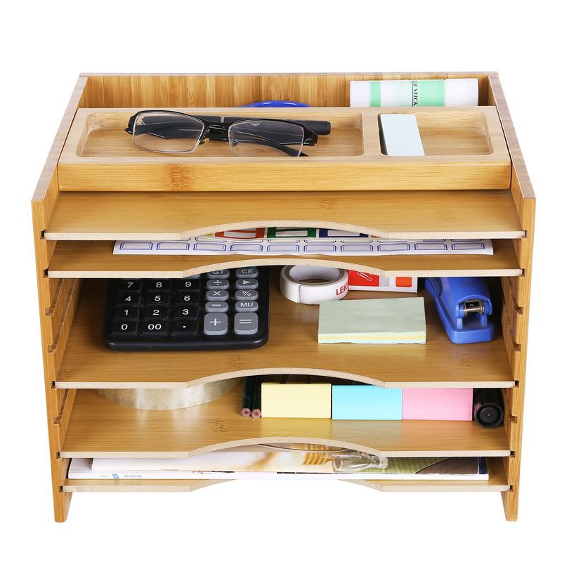 SONGMICS Bamboo File Organizer Paper Sorter with 5 Adjustable Shelves Top Storage Compartments Natural, 2 of 7