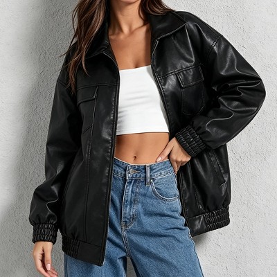 ジャケット・アウター LEATHER COLLAR TWILL STRETCH COVER ALL Womens Jackets PU Leather Collar Zip Front Jacket Elastic Hem