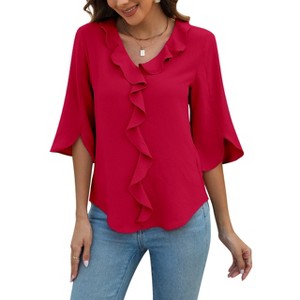 Womens Dressy Casual Blouses 3/4 Sleeve V Neck Ruffle Tops Trendy Work Shirts Business Ladies Summer 2025 - 1 of 4