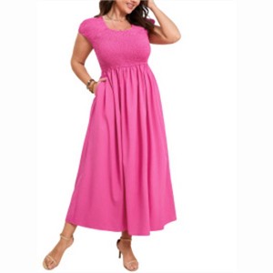 Clearlove Plus Size Summer Dress Boho Short Sleeve Roud Neck Smocked A-Line Wedding Guest Dresses for Curvy Women - 1 of 4