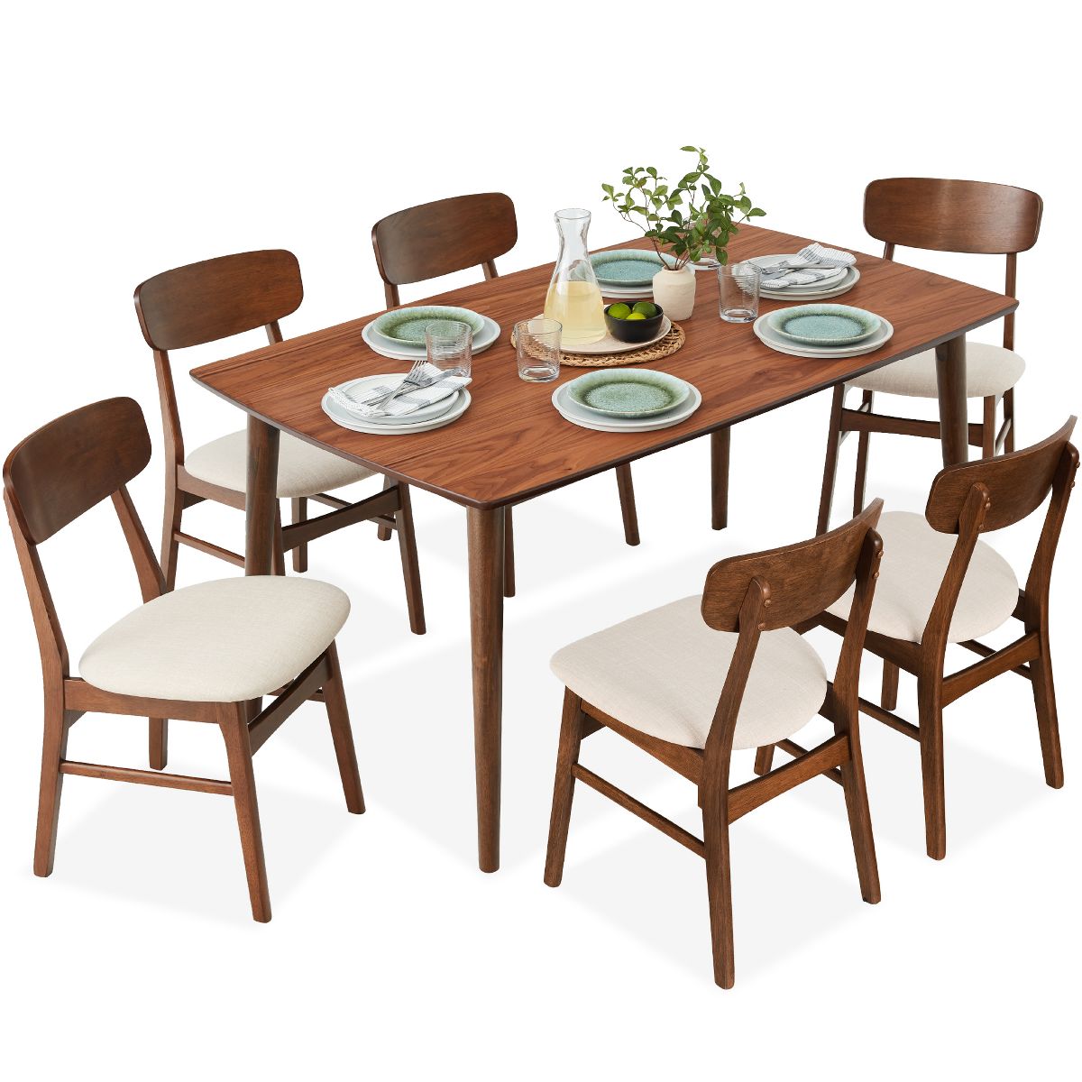 Best Choice Products 7-Piece Mid-Century Modern Upholstered Dining Set, Wooden Table w/ 6 Chairs - Walnut/Gray - thumbnail 9