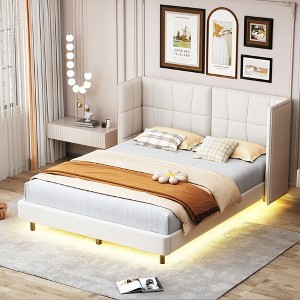 NicBex Queen Size Upholstered Bed Frame with Linen Wingback Headboard,Platform Bed Frame with LED Lights,No Box Spring Needed,Easy Assembly,Beige/Gray - 1 of 4