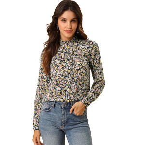 Allegra K Women's Floral Button Up Ruffle Stand Collar Long Sleeve Shirt - 1 of 4