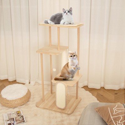Natural Wood Multi-Level Cat Tree with Sisal Scratching Posts