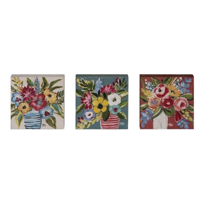 Transpac Wood Hand Painted Floral Block Decor Set Home Decorations Set of 3 Spring