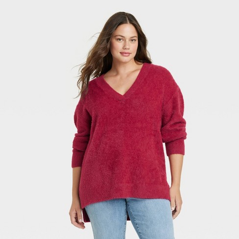 Women's Fuzzy V-neck Tunic Pullover Sweater - Ava & Viv™ Magenta 4x : Target