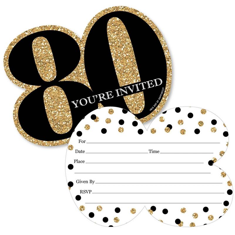 Big Dot of Happiness Adult 80th Birthday - Gold - Shaped Fill-In Invitations - Birthday Party Invitation Cards with Envelopes - Set of 12, 1 of 8