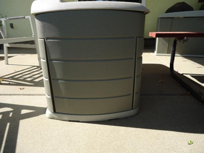 Rubbermaid Outdoor Extra-Large Deck Box with Seat, Gray & Brown, 121 Gallon  