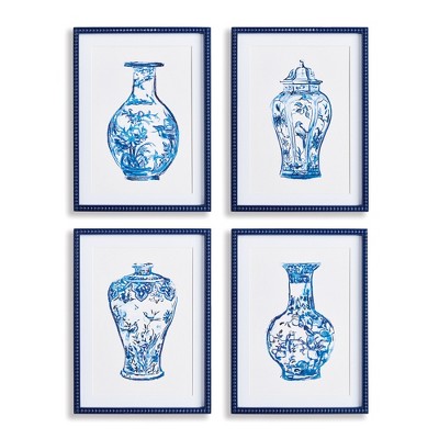 Plum & Post 15.75"W x 1"D x 21.25"H Ornamental Urns In Blue Study Framed Wall Art Set of 4