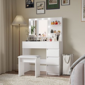 KWPZQEB Vanity, Makeup Vanity Desk Set with Mirror & Light, 5 Drawers, 3 shelf and Upholstered Stool, Dressing Table for Bedroom Dressing Room, White - 1 of 4