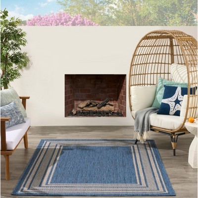 Denim Blue and Beige Geometric Rectangular 4' x 6' Indoor/Outdoor Rug
