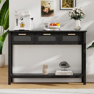 FONTOI Rattan Console Table, Entryway Table with 3 Smooth Gliding Drawers, Wood Sofa Table for Living Room, Black, 46.1*11.8*32.1 - 1 of 4